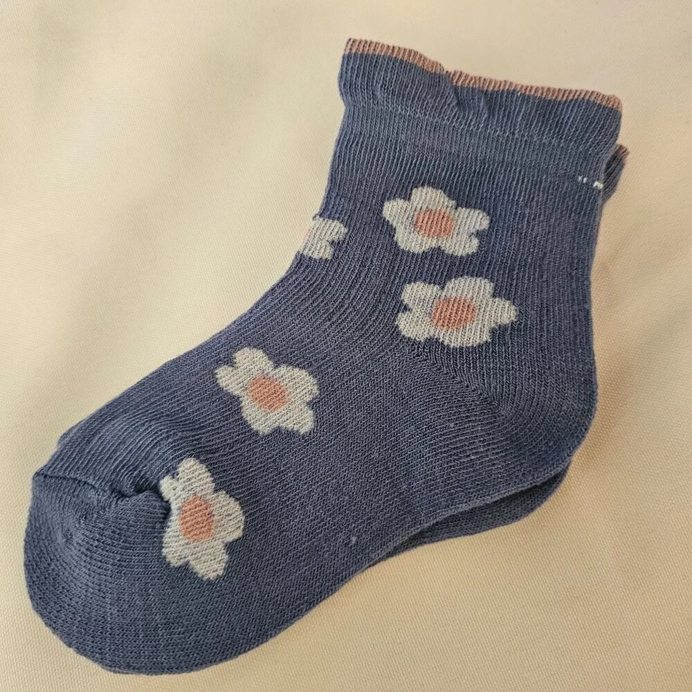 5 Pairs Toddler Girls Multicolor Floral Pattern Ruffled Ankle Socks, New In Pack
